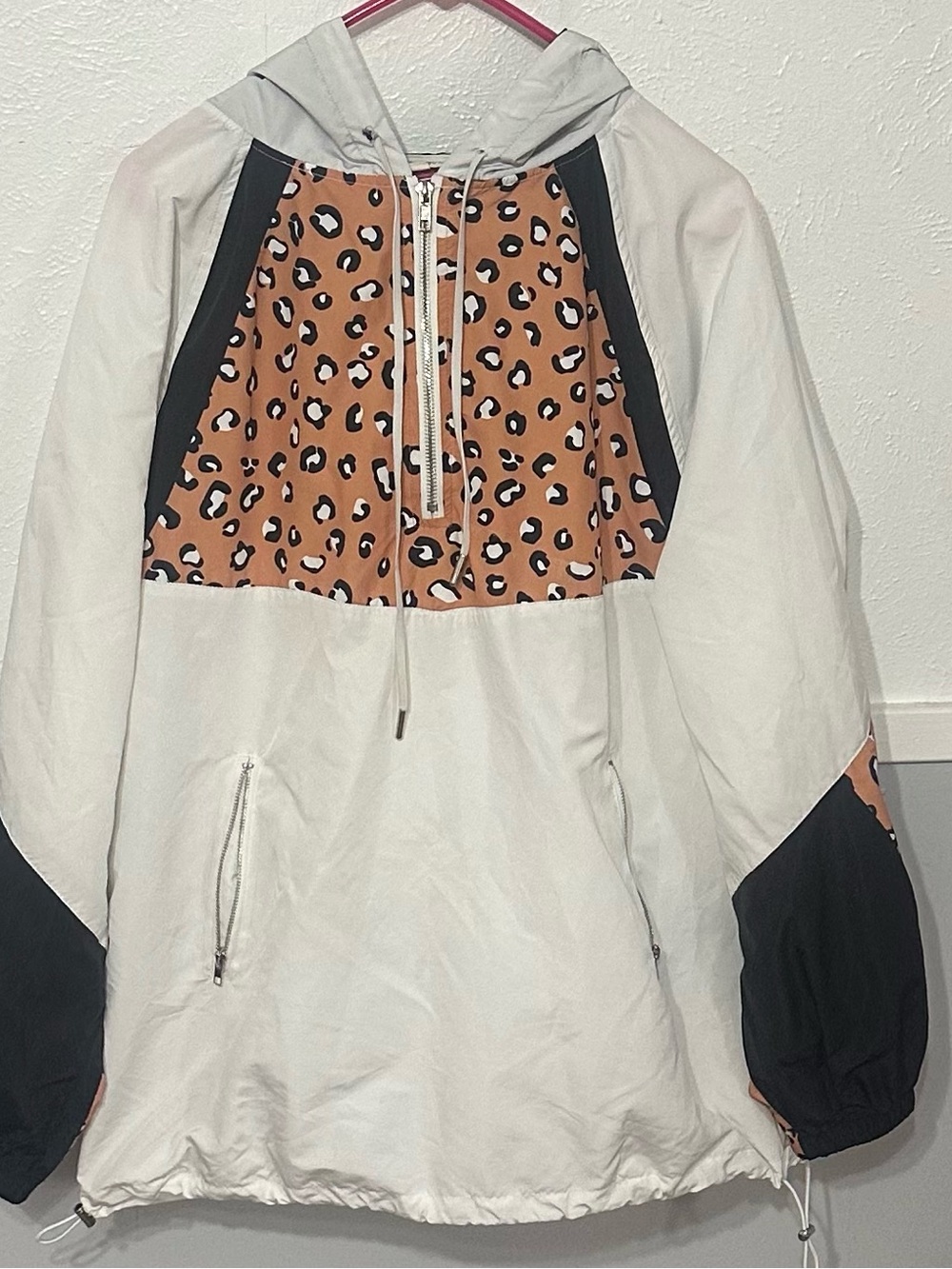 Main Strip Hooded Light Weight Wind Breaker with Tan Leopard and Black Panels